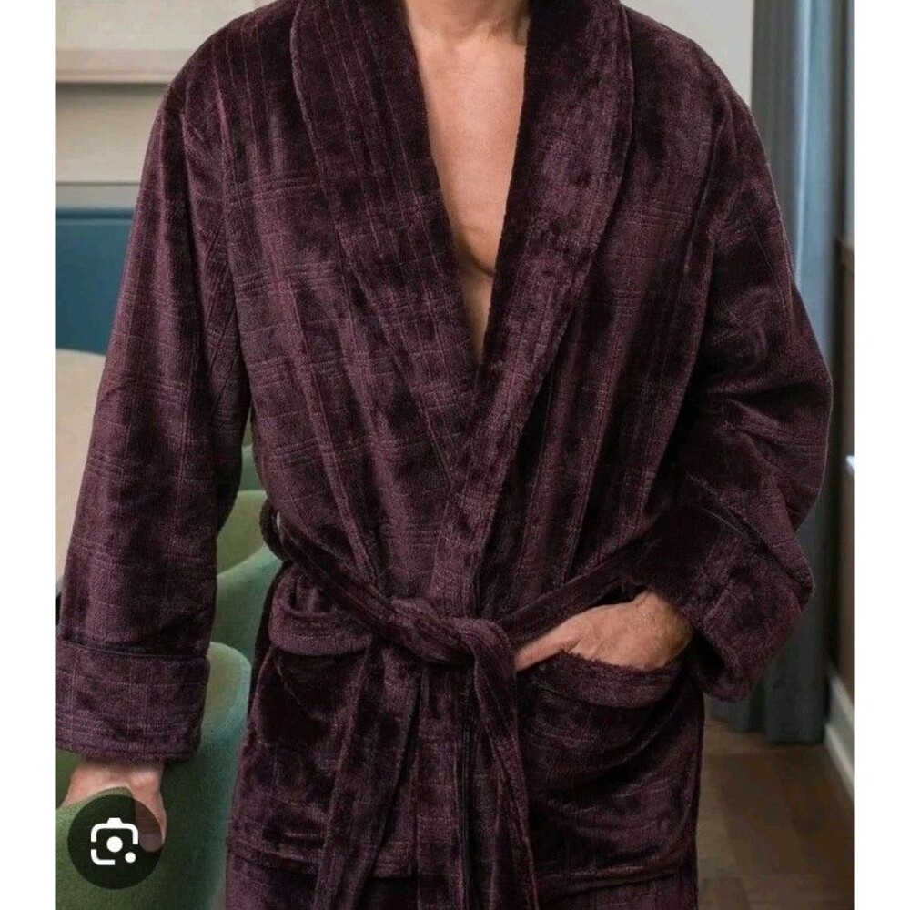 DANIEL BUCHLER Mens Red Wine Pinstripe Long Plush Robe M/L Soft Cozy Warm